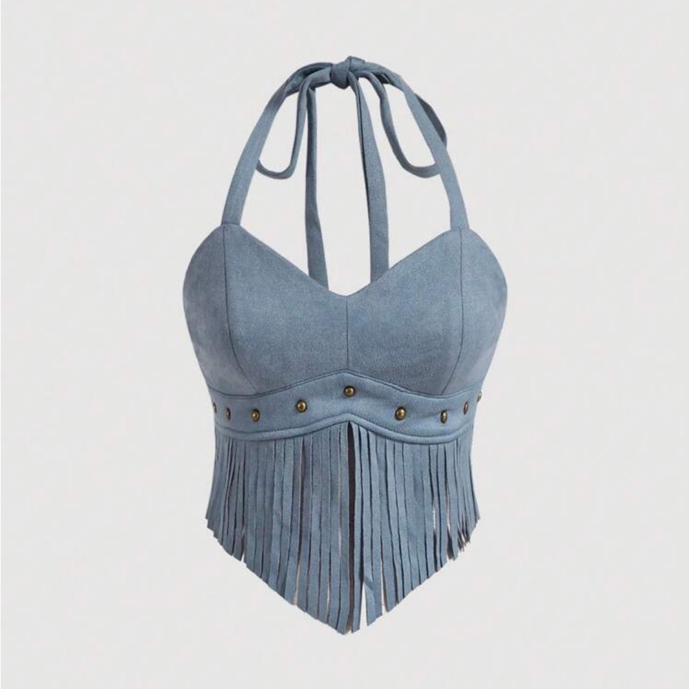 Blue Halter Fringe Top